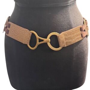 CHICO'S Women's‎ Buckle Belt Brown Elastic Panel Faux Croc Adjustable preloved M